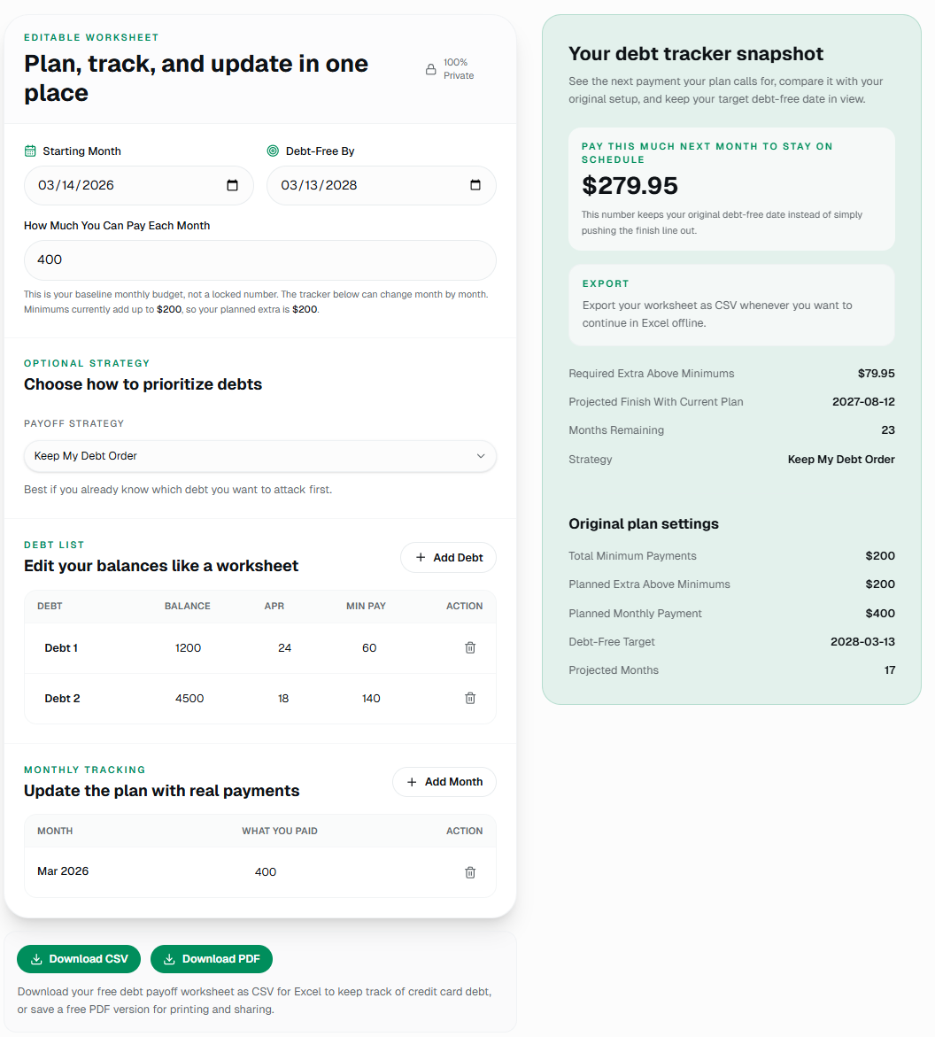 Debt payoff spreadsheet overview showing plan setup, debt list, monthly tracking, and summary