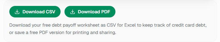 Debt spreadsheet export options showing CSV for Excel and PDF download