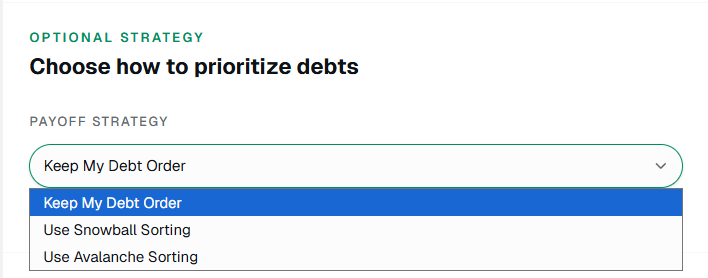 Debt spreadsheet payoff strategy selector for listed order, snowball, or avalanche